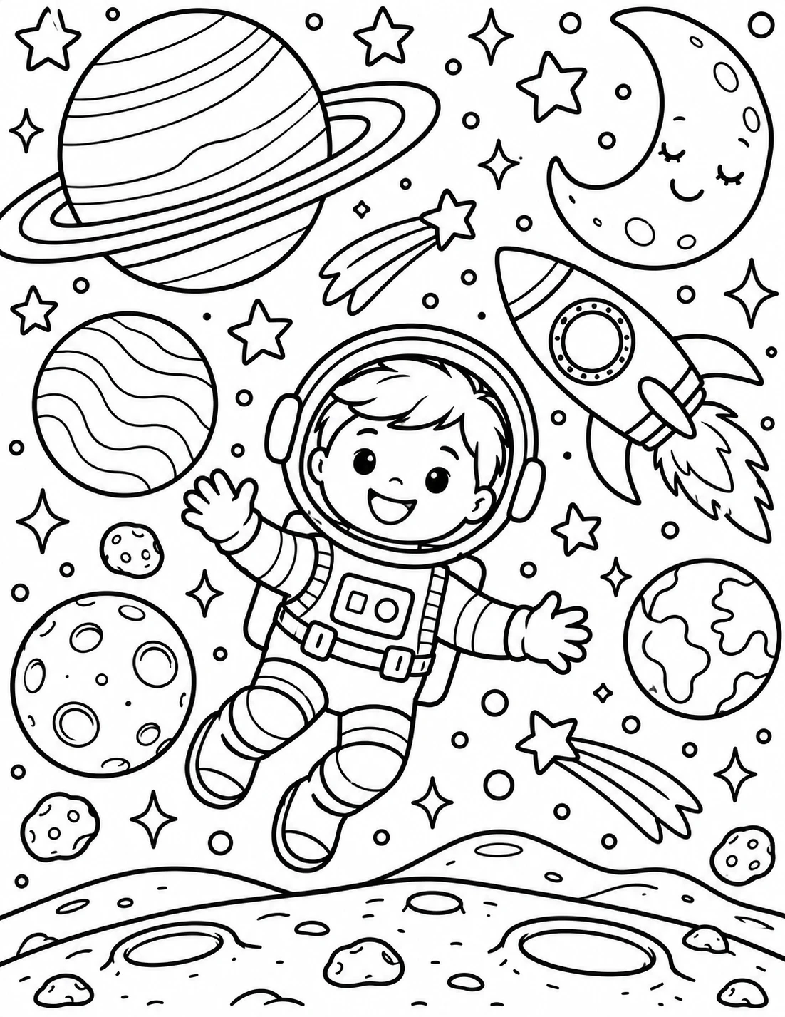 A little astronaut floating among the planets and stars