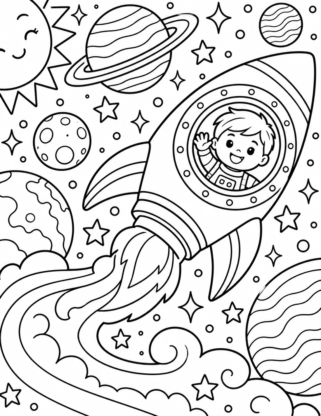 A rocket zooming past the sun and planets with a swirling trail