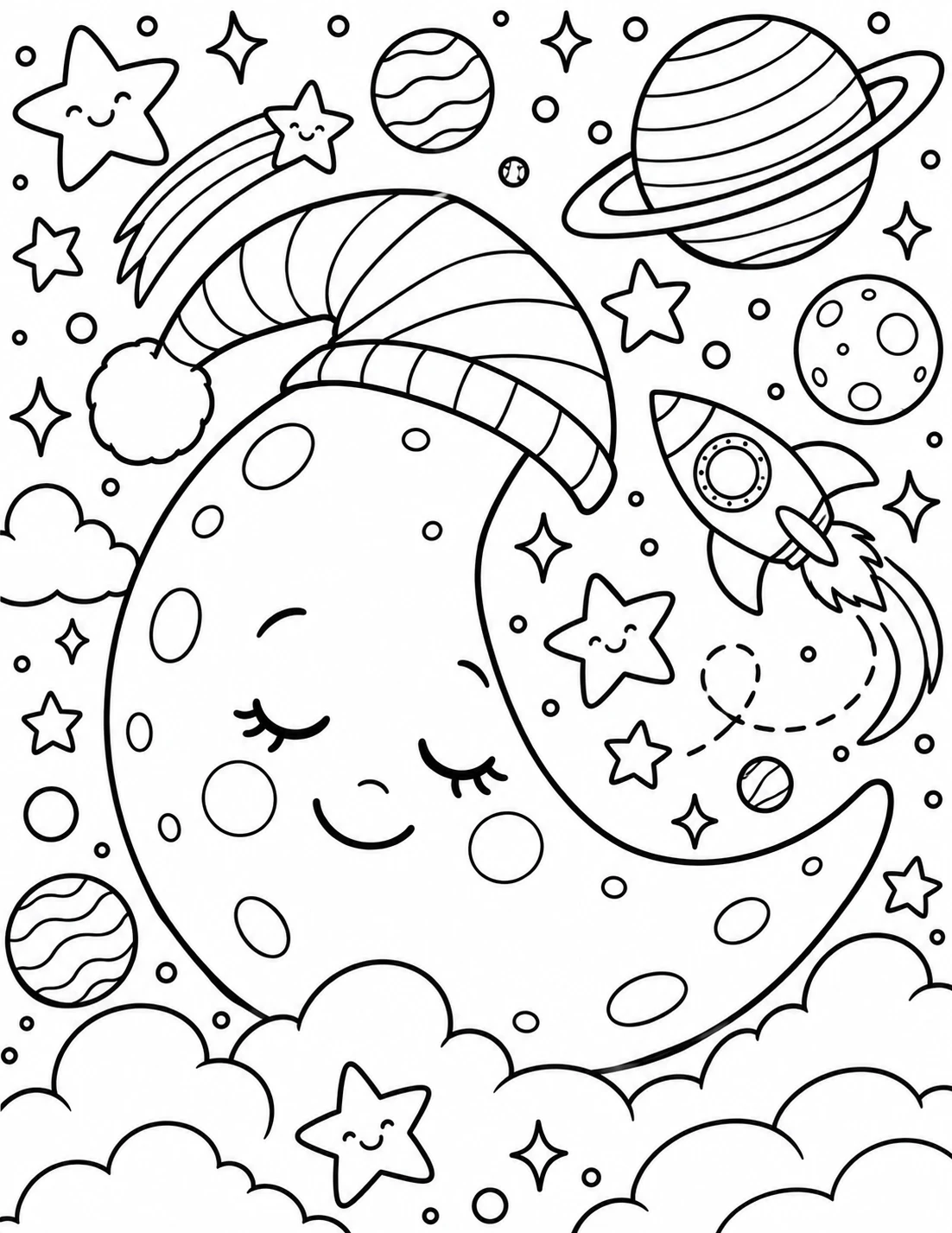A sleepy crescent moon in a nightcap among stars and clouds